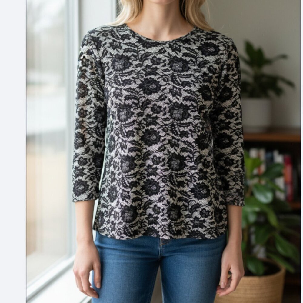 J. McLaughlin Catalina Cloth Women's Large Black Top Blouse No Wrinkle Printed